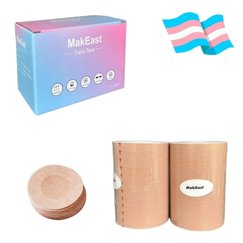MakEast 2 Rolls Trans Tape for Transitioning Extra Wide Chest Binding Tape Latex Free FTM Chest Binder with Nipple Covers Ultra Sticky Waterproof & Flexible 4 in X 16.5 ft (Espresso) - Image 1